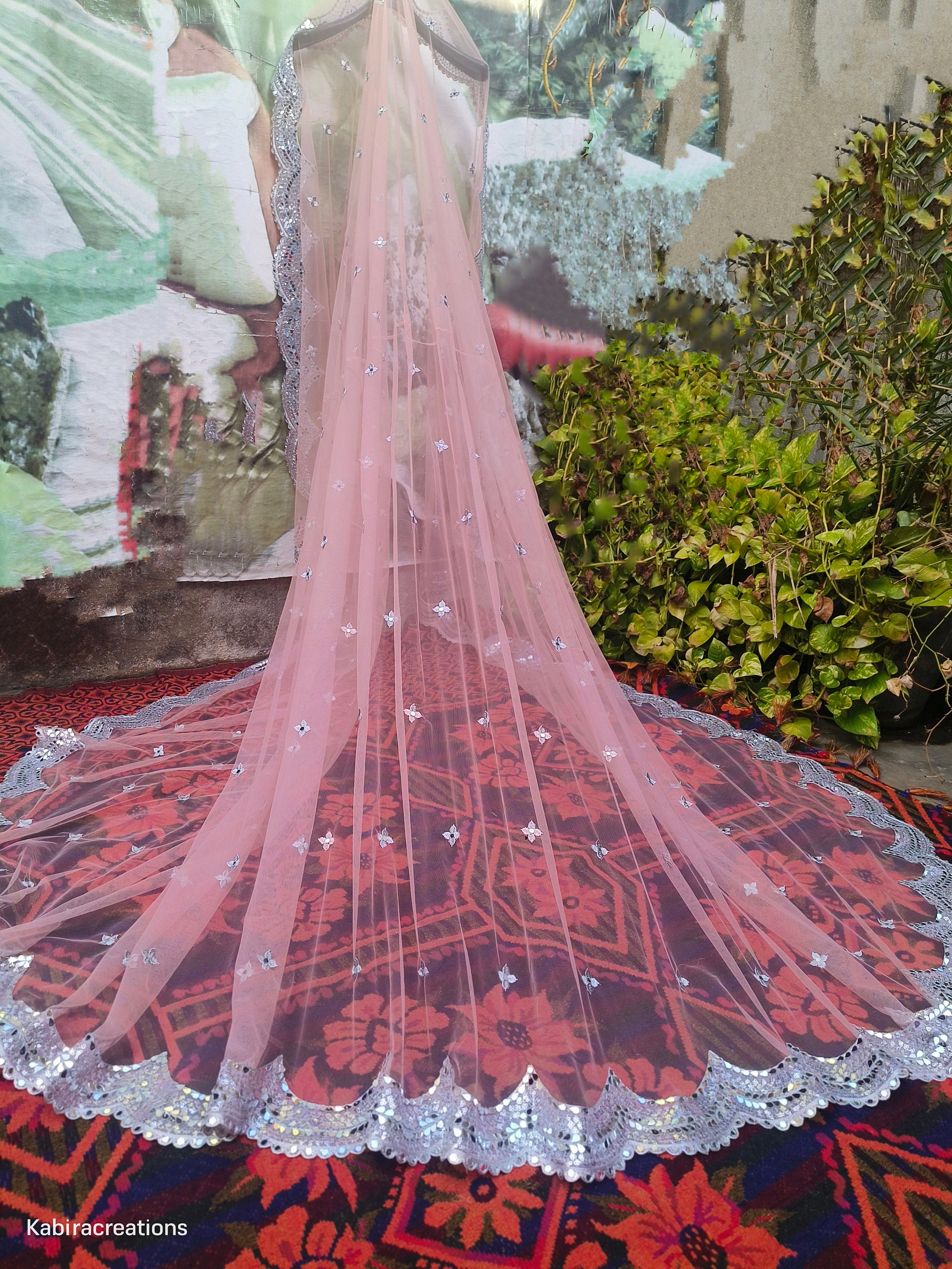 Pink Wedding Dupatta With Silver Trail - Customizable Bridal Veil