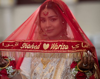 Red Writing Nikah Dupatta with crystal tassel lace,veil,Scarf,bridal dupatta(One Side Name only),Color,Name,Language can be customize