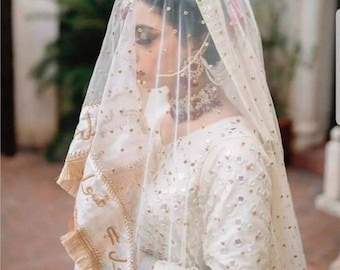 White with Rose gold writing Wedding Dupatta/veil/scarf/Arabic bridal wear/ Urdu writing/Zari writing/Qabool Hai(one side only)