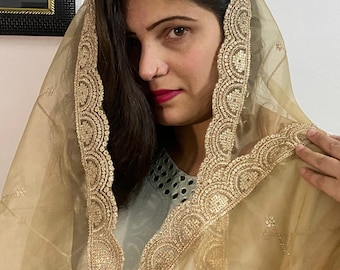 Beige Gold Traditional Pakistani Dupatta/ Indian Dupatta/ Punjabi dress dupatta/ Wedding Veil/ Stole/ Wrap/ chunni /for festival
