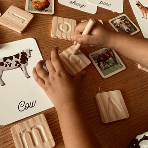 Tarjetas de madera para trazar el alfabeto basadas en la educación Montessori con tarjetas de animales de madera variadas