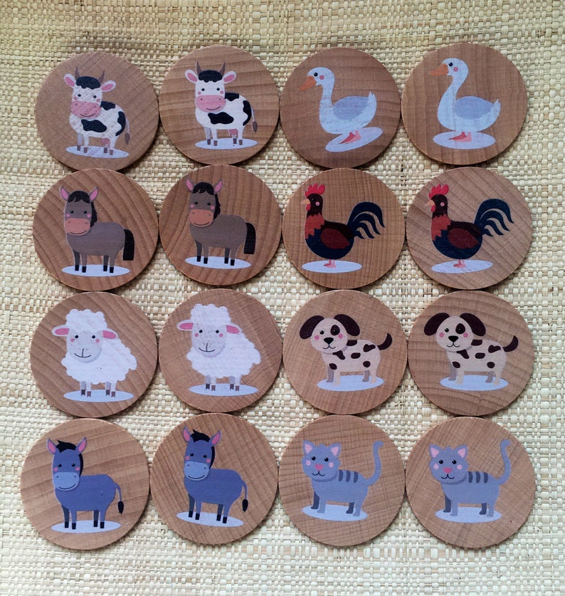 Holz Memory-Spiel Bauernhof Tiere inspiriert von Montessori pädagogisches Kinderspielzeug perfekt für Homeschooling und Waldorfpädagogik. Bild 2