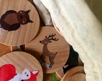 Wooden memory game forest animals inspired on montessori educational childrens toys perfect for homeschooling and waldorf education.