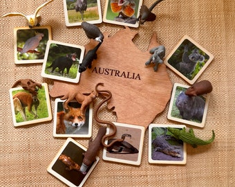 May include: A wooden map of Australia with the word "AUSTRALIA" engraved on it, surrounded by toy animal figurines and square cards with animal photos. The toys include a kangaroo, fox, snake, and crocodile.