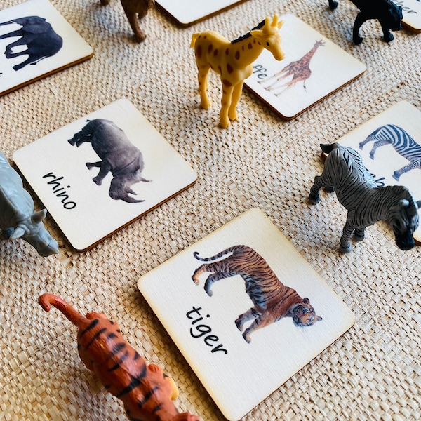 Montessori and Waldorf learning Wild Animals sustainable match toys cards perfect for homeschooling.