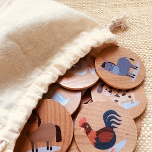 Wooden memory game farm animals inspired on montessori educational childrens toys perfect for homeschooling and waldorf education.