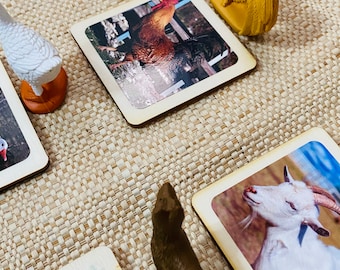 Montessori Farm Animals Matching Cards: Miniature Toys, Wooden Squares
