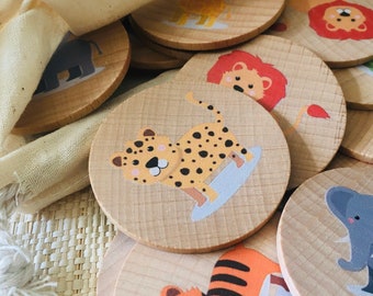 Wooden memory game Safari animals inspired on montessori educational childrens toys perfect for homeschooling and waldorf education.