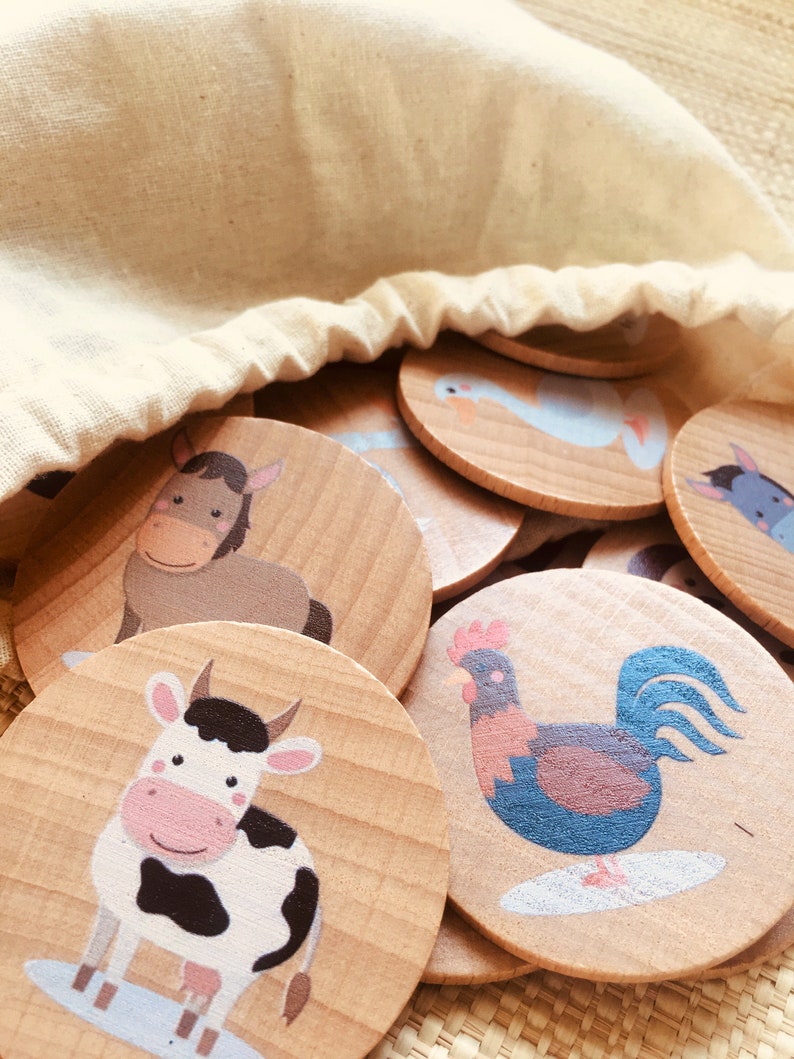 Holz Memory-Spiel Bauernhof Tiere inspiriert von Montessori pädagogisches Kinderspielzeug perfekt für Homeschooling und Waldorfpädagogik. Bild 3