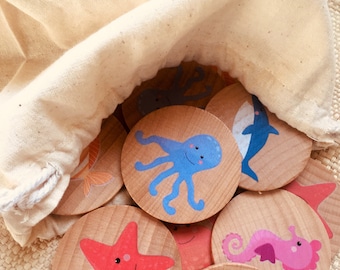 Wooden memory game sea life animals inspired on montessori educational childrens toys perfect for homeschooling and waldorf education.