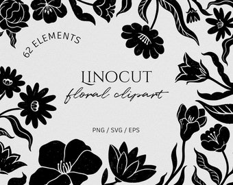 Flower and Leaves Clipart. Botanical Illustration. Black Monochrome Floral Set. PNG, EPS, SVG. Digital Linocut Silhouette Tattoo drawings.