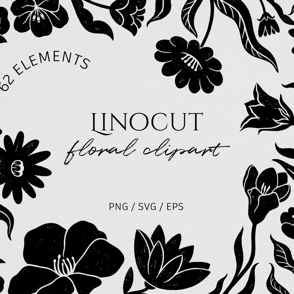 Fleur et feuilles Clipart. Illustration botanique. Ensemble floral monochrome noir. PNG, EPS, SVG. Dessins numériques de tatouage de silhouette de Linocut.