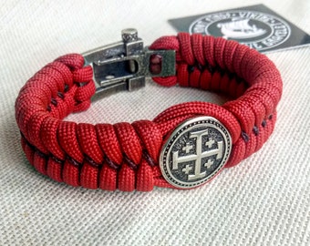 Pulsera de paracord roja: Cruz de Jerusalén, nudo celta, estilo escandinavo