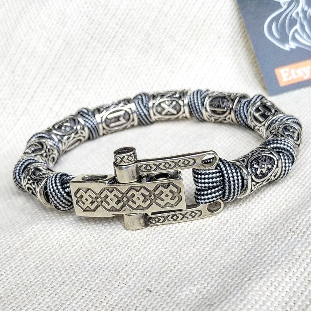 Runic Paracord Bracelet viking. Nordic Bracelet With Steel Runes Beads ...