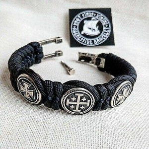 Black Paracord Templar Cross Bracelet: Steel Beads, Handmade Amulet