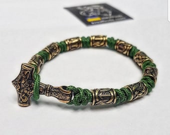 Handmade Viking Paracord Bracelet: Solid Brass Beads, Waterproof Norse Jewelry
