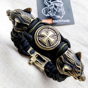 Paracord bracelet with beads &quot;Wolf Head&quot; and &quot;Templar Cross&quot;. Men&#39;s style, a gift for tough men. Biker bracelet.