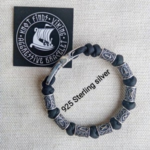 Runic paracord and 925 Sterling silver bracelet &quot;VIKING&quot;. Nordic bracelet with runes beads.