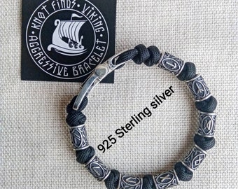 Pulseira "VIKING" em paracord rúnico e prata esterlina 925. Pulseira nórdica com contas de runas.
