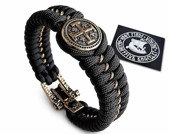 Jerusalem Cross Paracord Bracelet – Black & Gold Viking Celtic Style with Brass Bead, For him