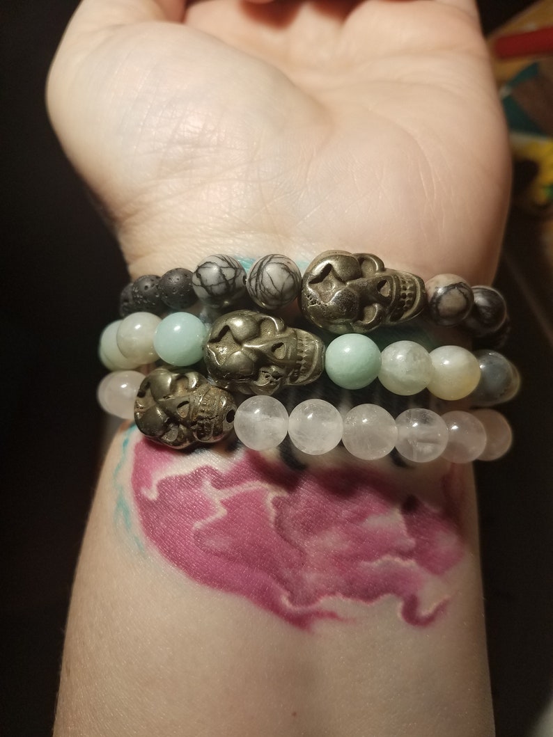 Pyrite skull diffuser bracelet or rose quartz essential oil bracelet gothic Amazonite choose spiderweb jasper