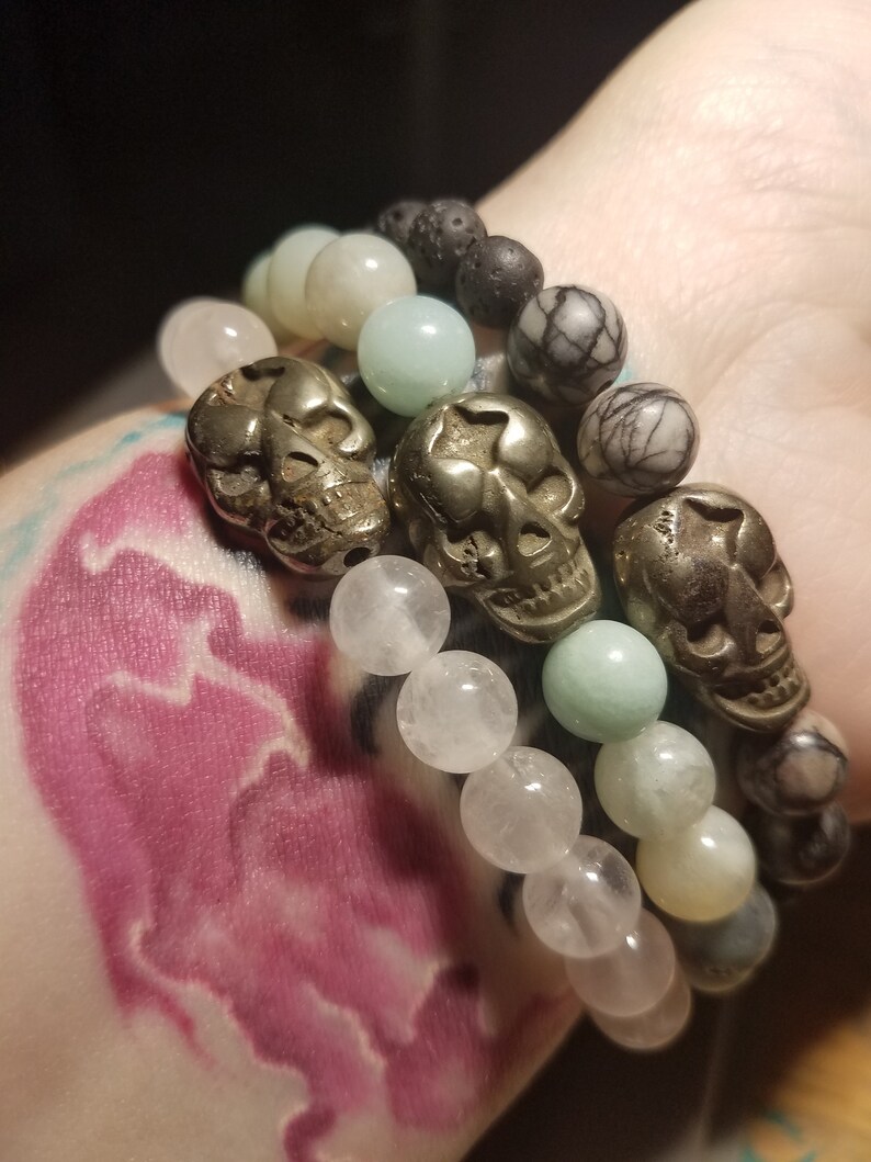Pyrite skull diffuser bracelet or rose quartz essential oil bracelet gothic Amazonite choose spiderweb jasper