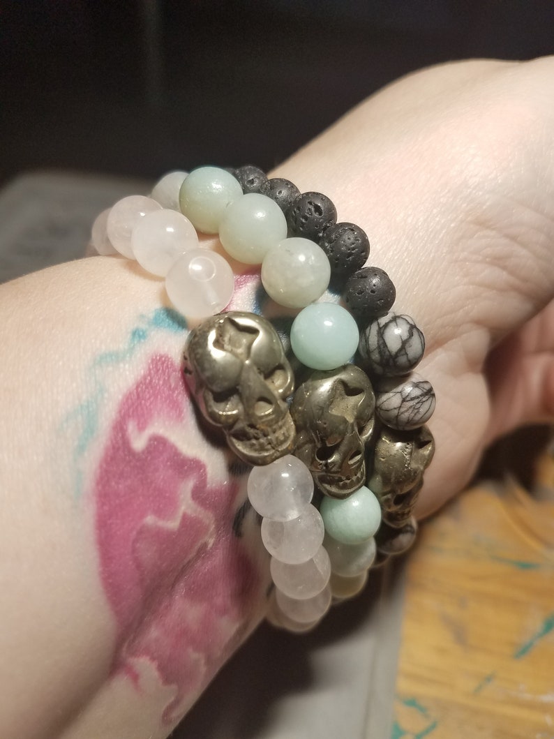 Pyrite skull diffuser bracelet or rose quartz essential oil bracelet gothic Amazonite choose spiderweb jasper