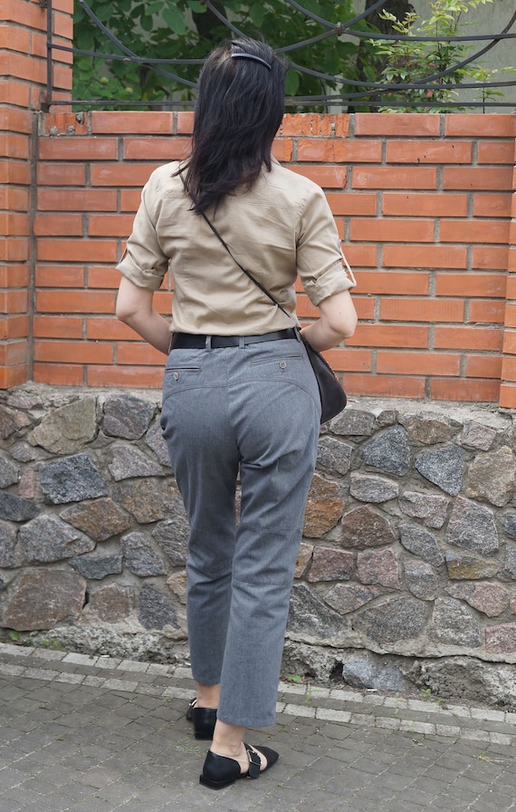 Grey Trousers Cotton Slim Fit Cropped 