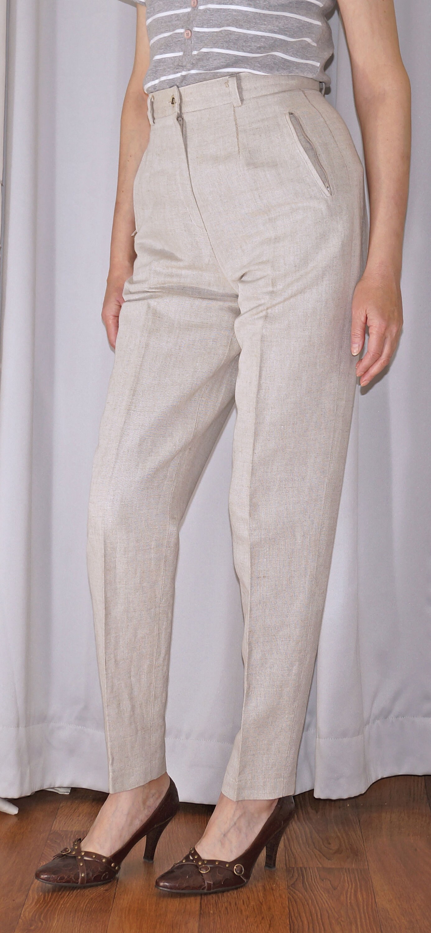 Linen Pants High Waist Grey Tight 