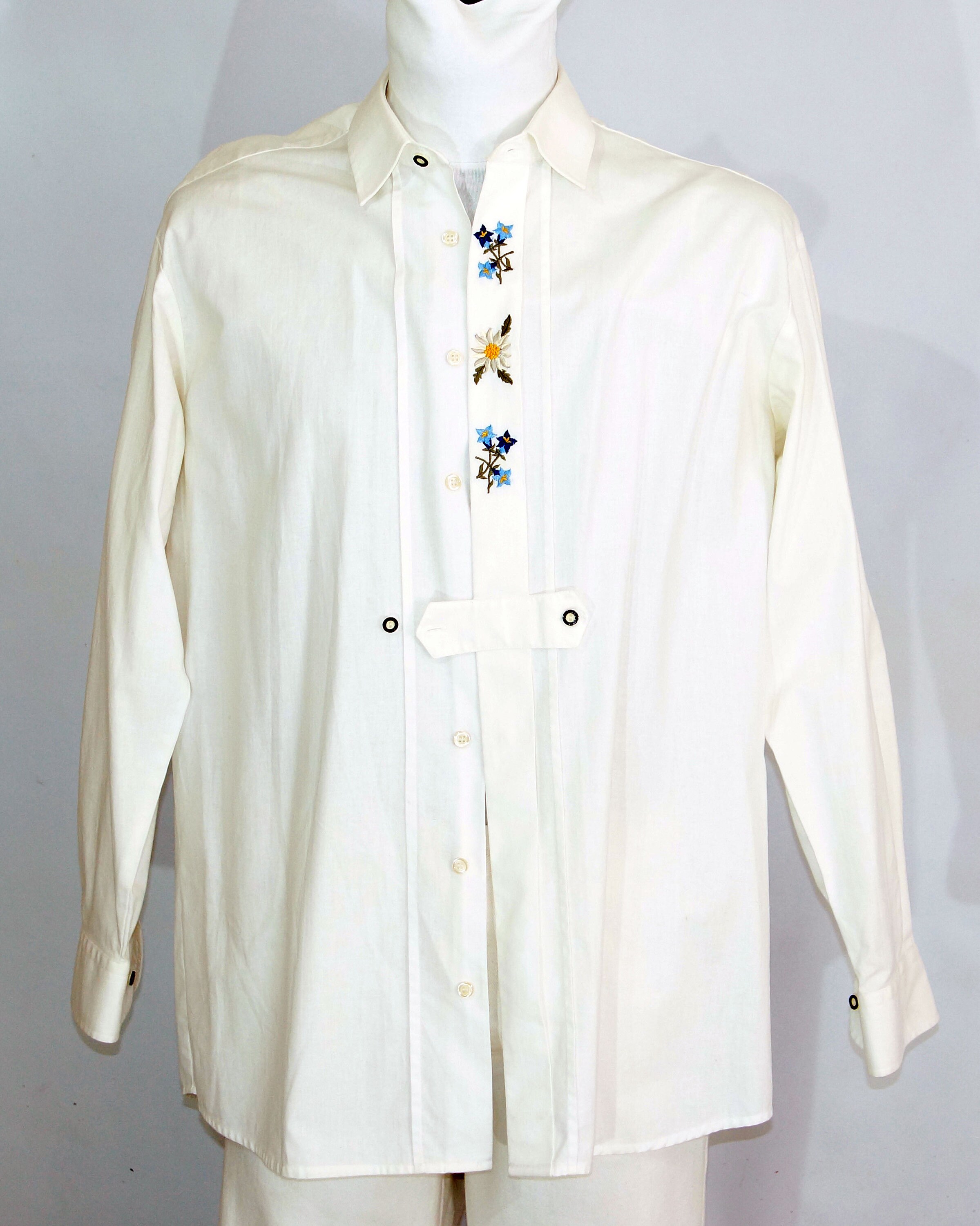 Vintage cotton Trachten men's shirt with embroidery Dirndl Austrian  Bavarian Traditional Tyrolean Oktoberfest marked size 42/ L