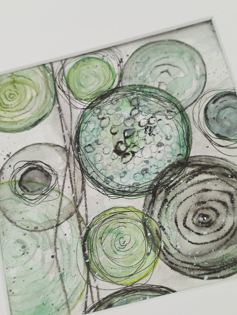 Aquarellbild abstrakt Original green circles 15x15 cm handgemalt Bild 7