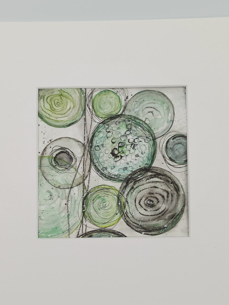 Aquarellbild abstrakt Original green circles 15x15 cm handgemalt Bild 10