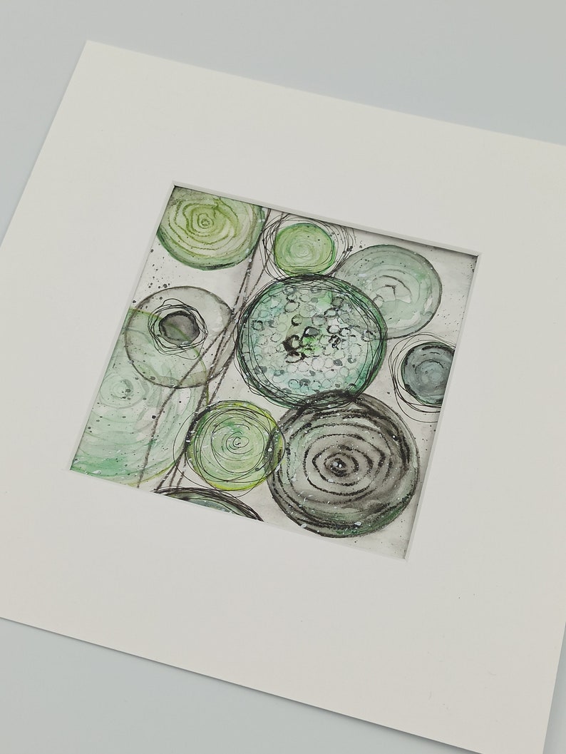 Aquarellbild abstrakt Original green circles 15x15 cm handgemalt Bild 6