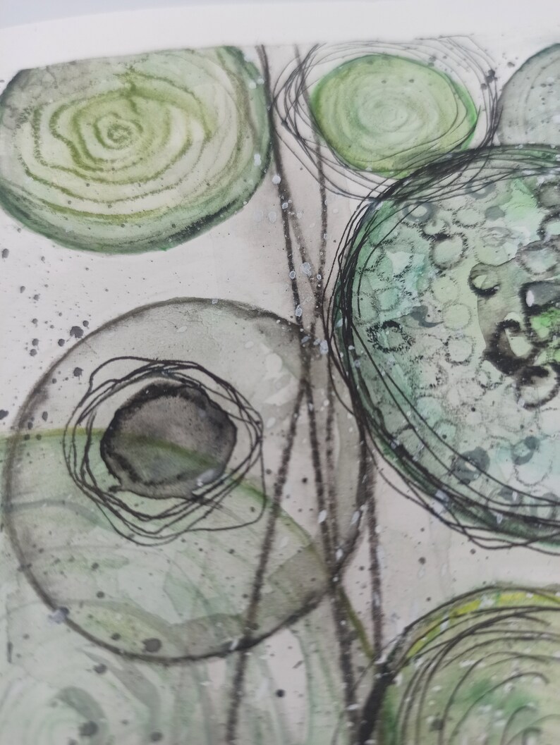 Aquarellbild abstrakt Original green circles 15x15 cm handgemalt Bild 2