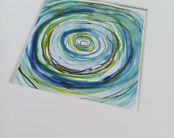 Aquarellbild - Mixed media - absrakt - Original - green swirl - schön verpackt - 15x15 cm - handgemalt