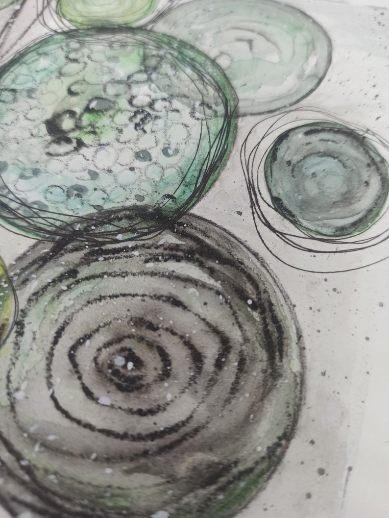 Aquarellbild abstrakt Original green circles 15x15 cm handgemalt Bild 3