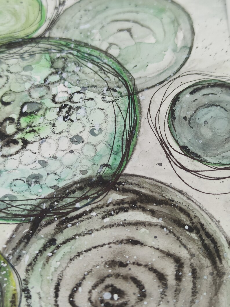 Aquarellbild abstrakt Original green circles 15x15 cm handgemalt Bild 9