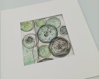 Aquarellbild - abstrakt - Original - green circles - 15x15 cm - handgemalt