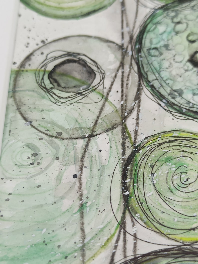 Aquarellbild abstrakt Original green circles 15x15 cm handgemalt Bild 8