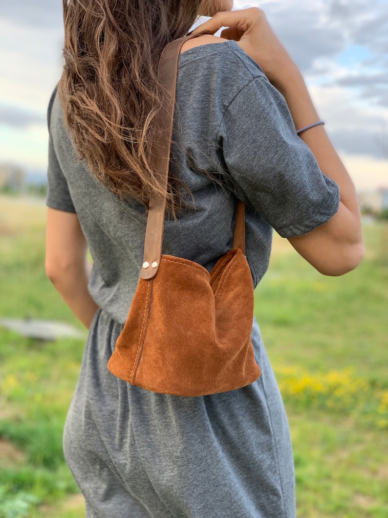 Hand-sewn Mini Suede Shoulder Bag, Small Leather Cross-body Purse, Women's Brown Suede Bag, Anniversary-Birthday-Valentine's Day Gift 