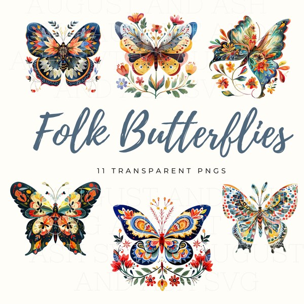 Folk Art Moths, Butterfly Clip Art, Watercolor Butterfly Clipart, Moth Clip Art, Spring Clipart, Folk Art Butterfly, Boho Butterfly Png