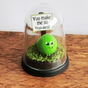May include: A green pea with a smiley face is inside a glass dome with a sign that reads "You make me so hap-pea!"