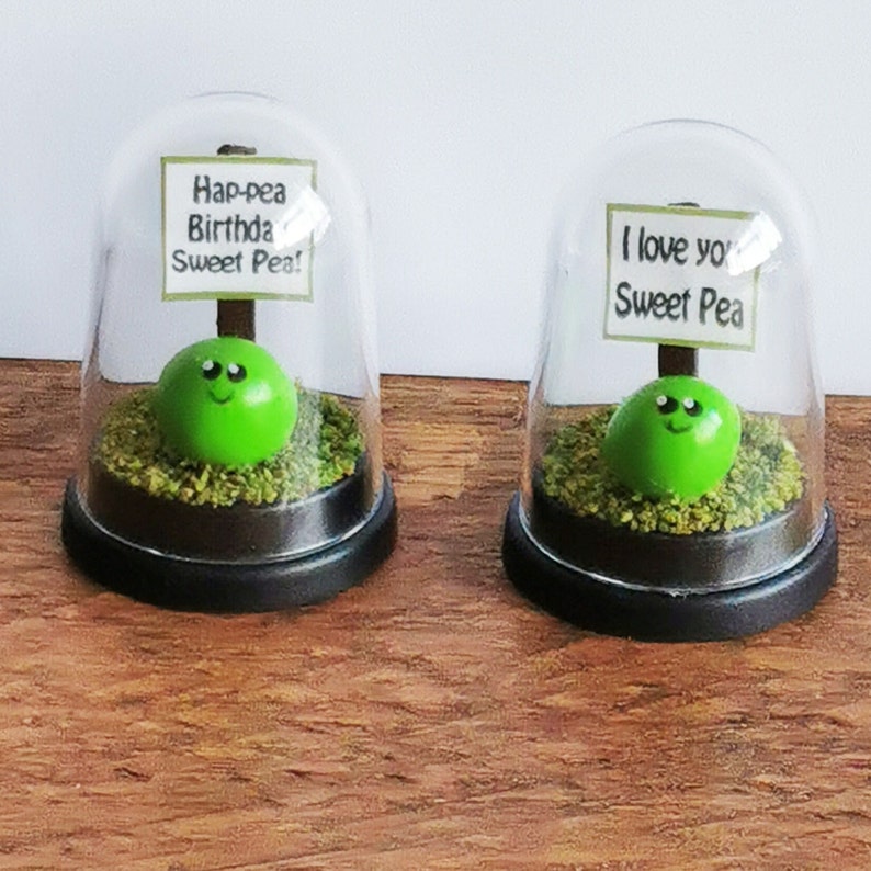 May include: Two glass domes with green pea figurines inside. The domes have signs with the text "Hap-pea Birthda Sweet Pea!" and "I love you Sweet Pea".