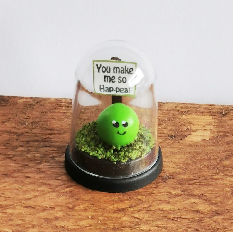May include: A small glass dome with a green pea inside. The pea has a happy face and is sitting on a bed of green moss. A sign in front of the pea reads "You make me so Hap-pea!"