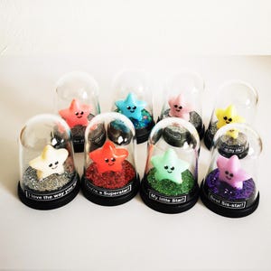 May include: Ten glass dome ornaments with a star-shaped figurine inside. Each dome has a different colour glitter and a different message on the base. The messages include "I love the way you", "You're a Superstar!", "My little Star!", and "Best Sis-star!"