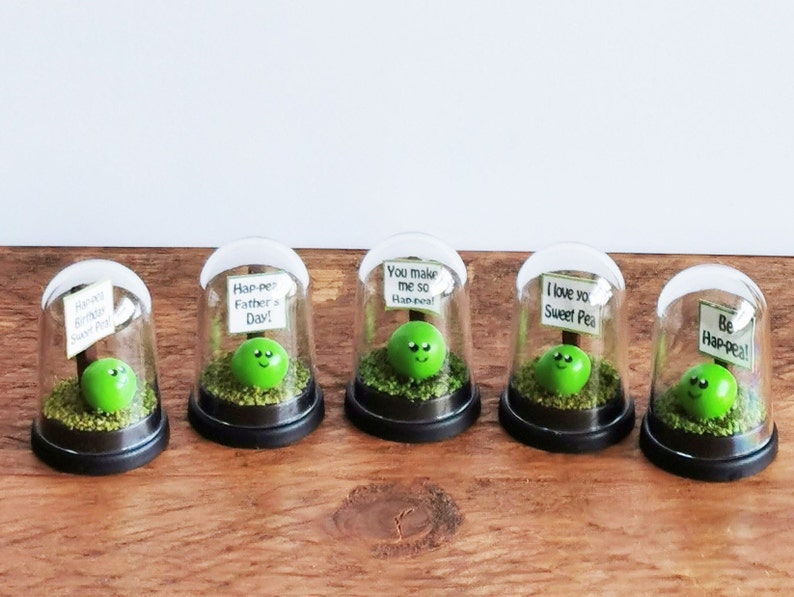 May include: Five clear glass domes with black bases, each containing a green pea with a face and holding a small sign. The signs read: "Happy Birthday Sweet Pea", "Hap-per Father's Day!", "You make me so Rap-peal", "I love you Sweet Pea", and "Be Hap-peal!"