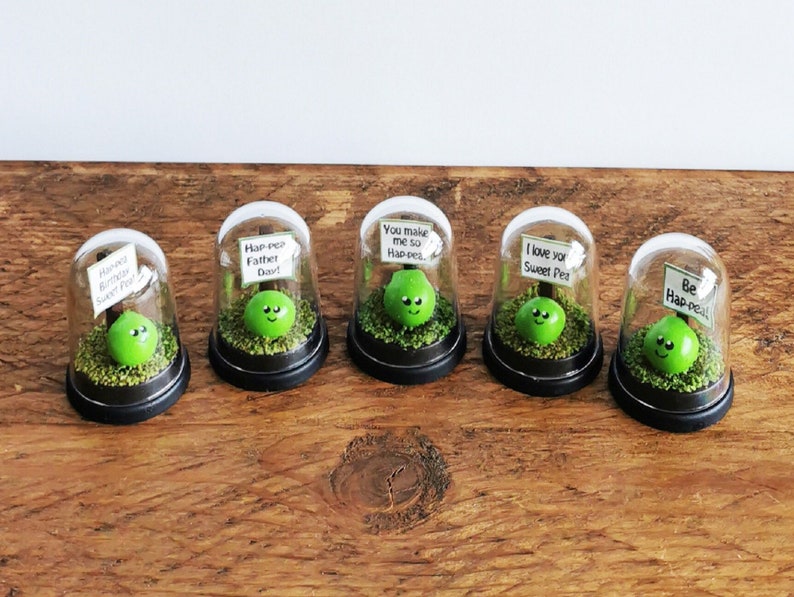 May include: Five small glass domes with green pea figurines inside. Each pea has a happy face and holds a sign with a different message. The signs read: "Happy Birthday Sweet Pea", "Hap-pea Father Dad", "You make me so Hap-pea", "I love you Sweet Pea", and "Be Hap-pea!"