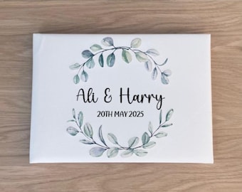 Personalised Wedding Guest Book: Faux Leather Ivory Album, Green Leaf Design