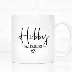 white ceramic mug, coffee mug, tea mug, black wording, Hubby, Personalised date, black heart