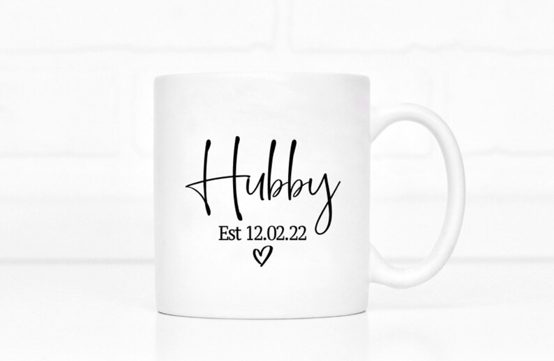 white ceramic mug, coffee mug, tea mug, black wording, Hubby, Personalised date, black heart